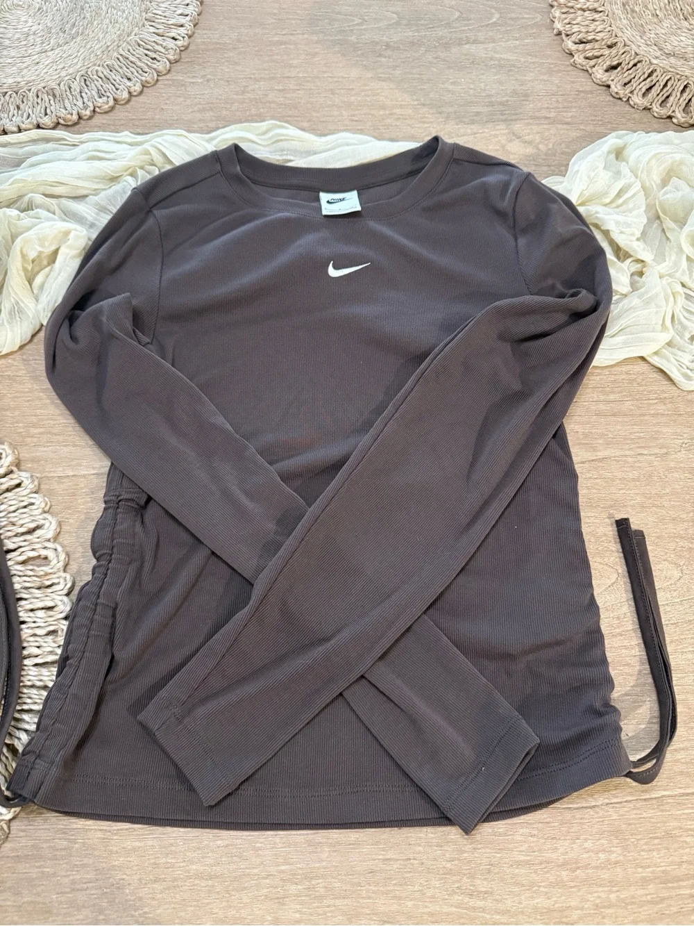 Nike Women’s Essential Ribbed Drawstring Long Sleeve T-Shirt in Baroque Brown